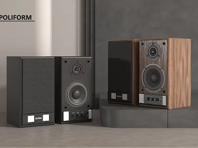 POLIFORM Modern Speakers With Black And Walnut Wood Design On Gray Countertop 3d model