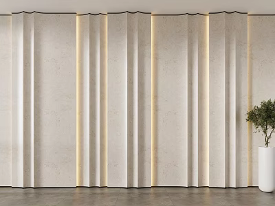 Modern Beige Background Wall With Wavy Panels LED Strip Lights And White Potted Plant 3d model