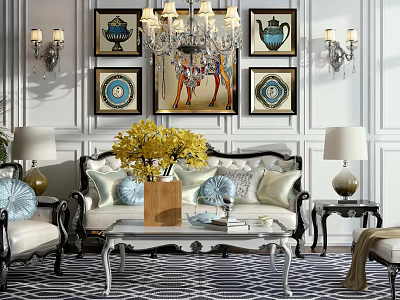 Elegant Classic Sofa And Coffee Table Set With Yellow Flowers Blue White Pillows And Chandelier 3d model