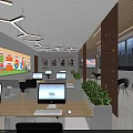 Modern Office Interior With Large Windows Geometric Pendant Lights Workstations And Green Plants