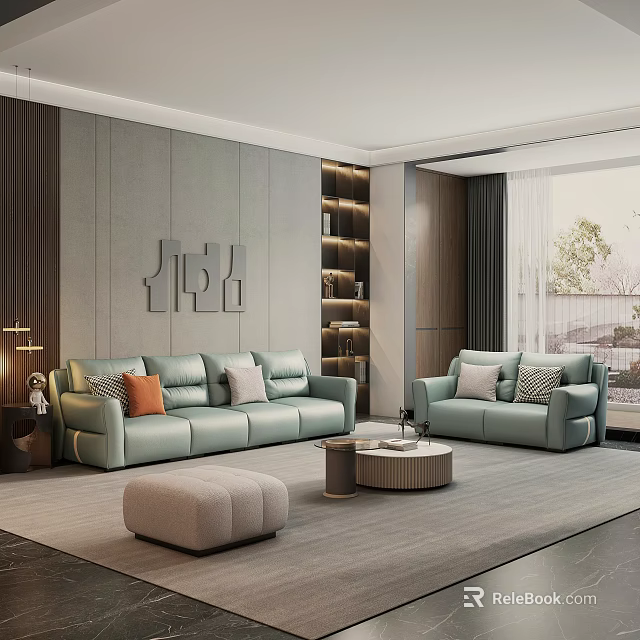 Modern Living Room Light Green Sofa Set With Orange Gray Pillows Ottoman And Coffee Table 3d model 