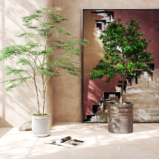Indoor Decorative Potted Plants With White Ceramic And Metallic Containers In Bright Interior 3d model 
