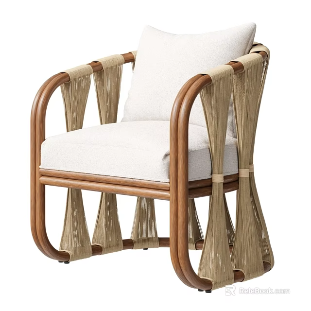 Modern Leisure Chair With Wooden Frame Woven Details And White Cushion 3d model 