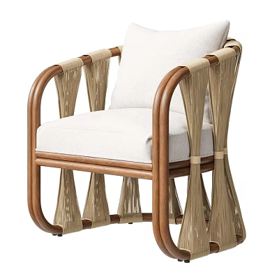 Modern Leisure Chair With Wooden Frame Woven Details And White Cushion 3d model