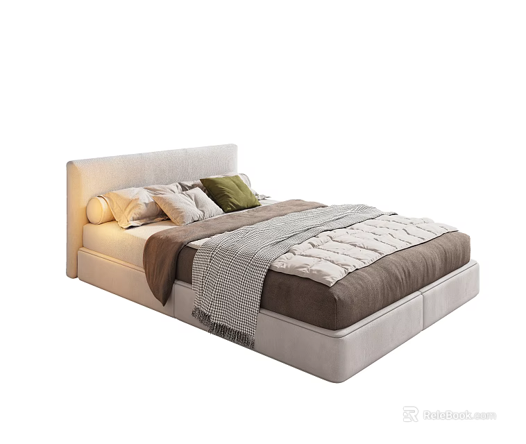 Modern Single Bed Featuring Beige Headboard Soft Pillows Brown Bedspread And Gray Blanket 3d model 