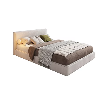 Modern Single Bed Featuring Beige Headboard Soft Pillows Brown Bedspread And Gray Blanket 3d model