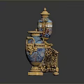 Three Blue Sculpture Carvings With Golden Decorations And Intricate Patterns On Base