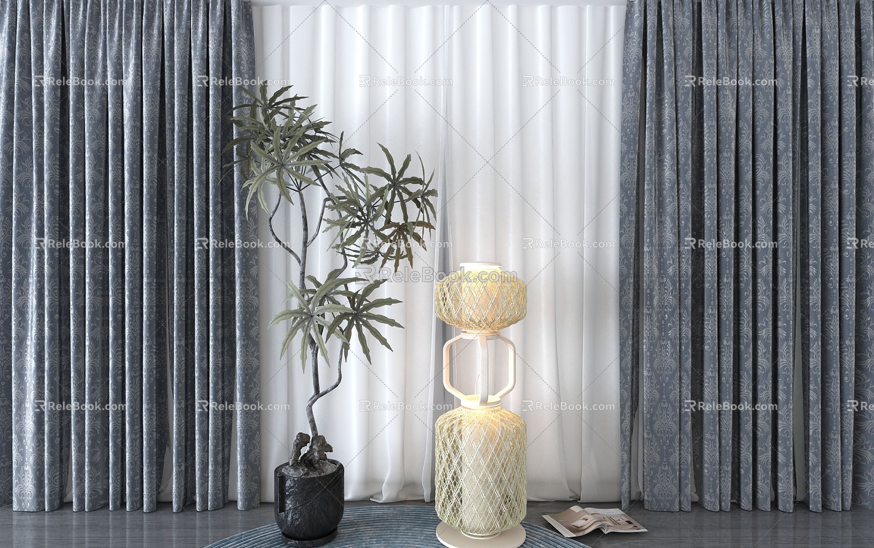 New Chinese Curtain Floor Lamp Potted Plant 3d model