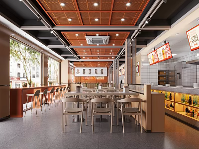 Modern Restaurant Interior With Orange Ceiling Wooden Tables Large Windows Menu Boards And Display Shelves 3d model