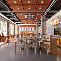 Modern Restaurant Interior With Orange Ceiling Wooden Tables Large Windows Menu Boards And Display Shelves