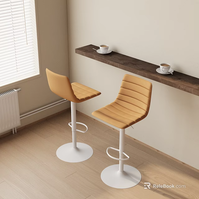 Simple Wall Mounted Bar Counter with Coffee Cups and Yellow Bar Stools 3d model