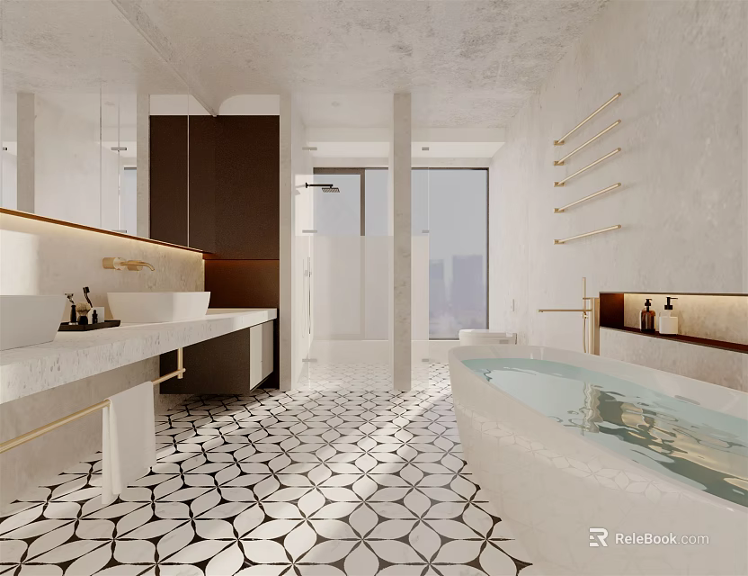 Elegant Modern Bathroom Interior Design With Marble Bathtub Large Mirror And Geometric Tile Floor 3d model 