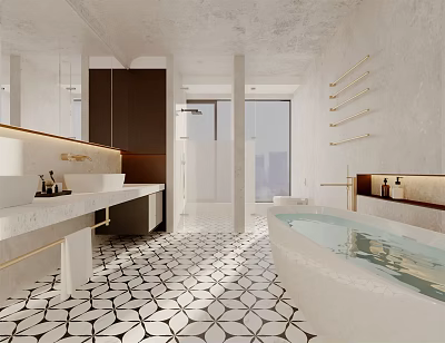 Elegant Modern Bathroom Interior Design With Marble Bathtub Large Mirror And Geometric Tile Floor 3d model