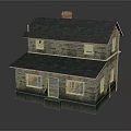 Two Story Wooden House With Stone Exterior Dark Green Roof White Windows And Chimney