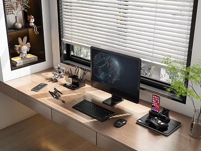 Modern Desktop Computer Setup With Monitor Keyboard Mouse On Wooden Desk Near Window With Blinds 3d model