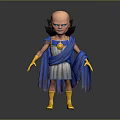 Animated Bald Character With Blue Cape Gray Tunic Golden Medallion Yellow Gloves And Black Wings