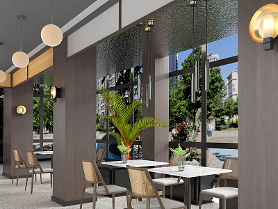 Modern Café Interior With Hanging Lights Green Plants Wooden Accents And Large Windows 3d model