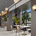 Modern Café Interior With Hanging Lights Green Plants Wooden Accents And Large Windows