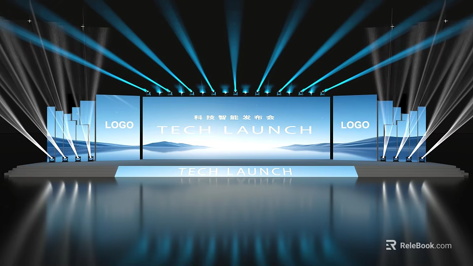 Tech Launch Event Stage With Large Screens Logos And Blue Stage Lights 3d model 