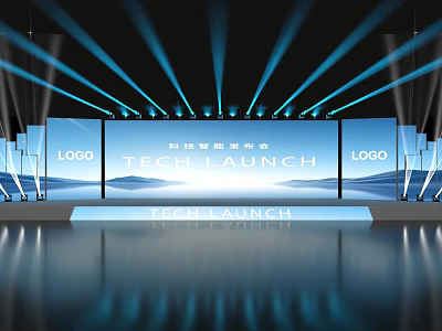 Tech Launch Event Stage With Large Screens Logos And Blue Stage Lights 3d model