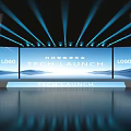 Tech Launch Event Stage With Large Screens Logos And Blue Stage Lights