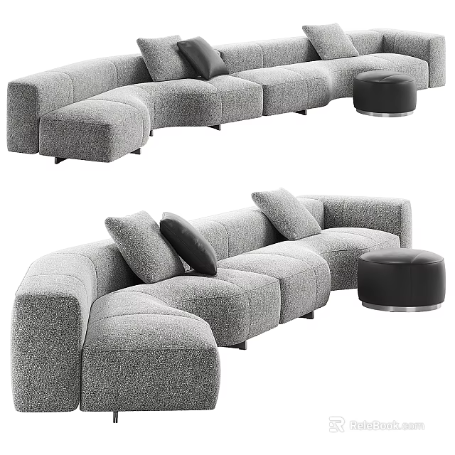 Modern Gray Fabric Sectional Sofa With Curved Design Plush Pillows And Matching Ottoman 3d model 