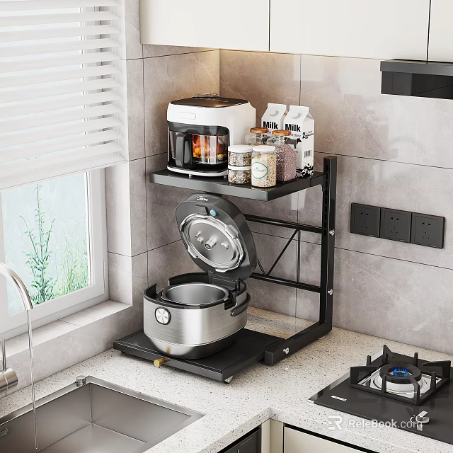 Practical Black Kitchen Shelf With Rice Cooker Coffee Maker And Jars On Modern Countertop Setup 3d model 