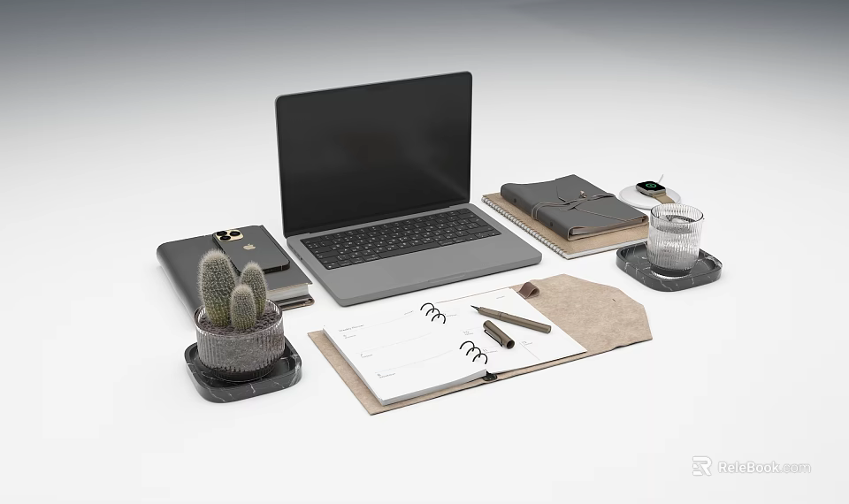 Minimalist Open Laptop Desk Setup with Notebook Pen Cactus Plant and Glass 3d model 