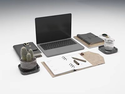 Minimalist Open Laptop Desk Setup with Notebook Pen Cactus Plant and Glass 3d model