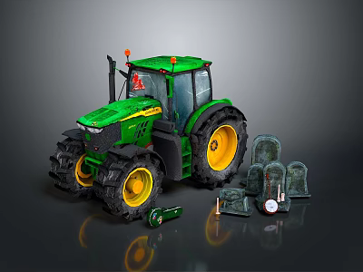 Detailed Green Farm Tractor With Yellow Wheels And Accessory Tools 3d model
