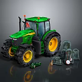 Detailed Green Farm Tractor With Yellow Wheels And Accessory Tools