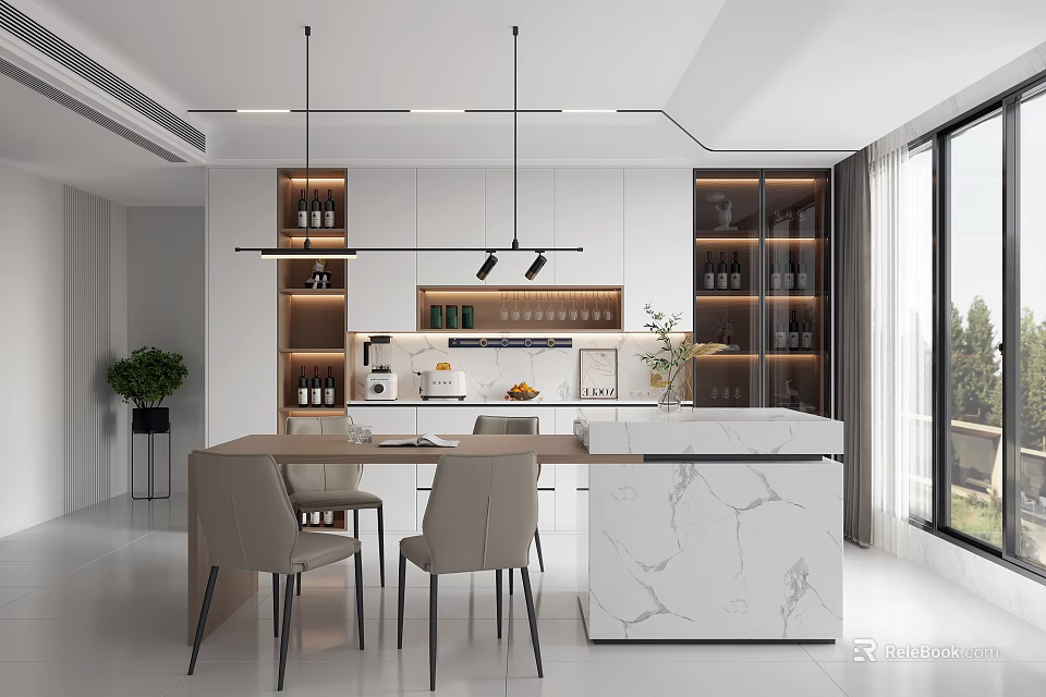 Modern Open Restaurant Interior With Dining Table Island Counter And Pendant Lights 3d model