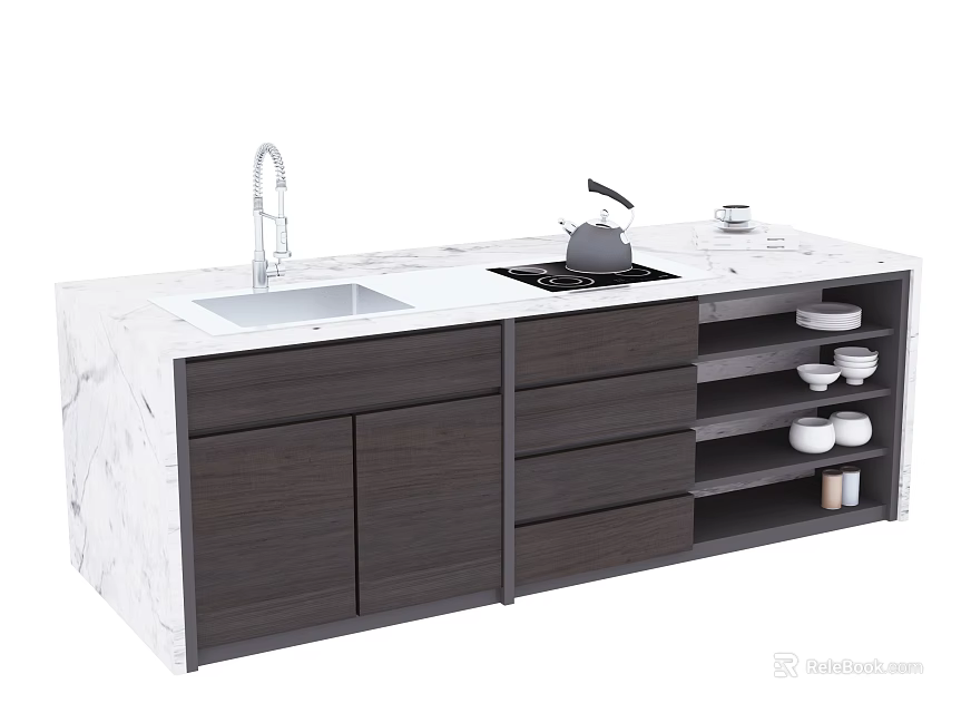 Modern Bar Counter With Marble Top Sink Faucet Stove Kettle Drawers Cabinets And Dishes 3d model 