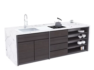 Modern Bar Counter With Marble Top Sink Faucet Stove Kettle Drawers Cabinets And Dishes 3d model