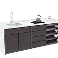 Modern Bar Counter With Marble Top Sink Faucet Stove Kettle Drawers Cabinets And Dishes