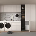 Modern Laundry Room With Double Washing Machines White Cabinets And Marble Countertop
