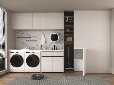 Modern Laundry Room With Double Washing Machines White Cabinets And Marble Countertop 3d model