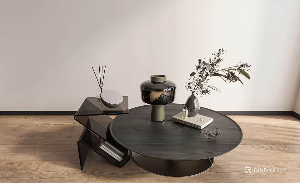 Modern Round Black Coffee Table With Geometric Side Table Decorative Vases And Plants 3d model