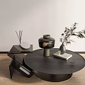 Modern Round Black Coffee Table With Geometric Side Table Decorative Vases And Plants 3d model