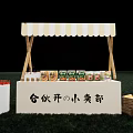 Partnership Grocery Stand With Wooden Canopy Packaged Products And Crates