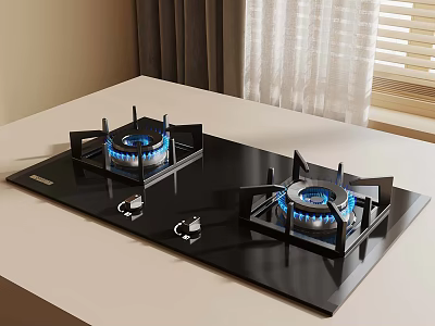 Modern Black Gas Hob With Two Burners Blue Flames On White Countertop 3d model
