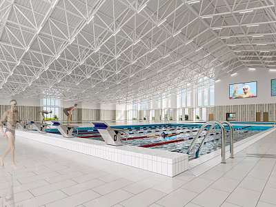 Indoor Swimming Pool Facility With Diving Boards Swimmers And Bright Interiors 3d model
