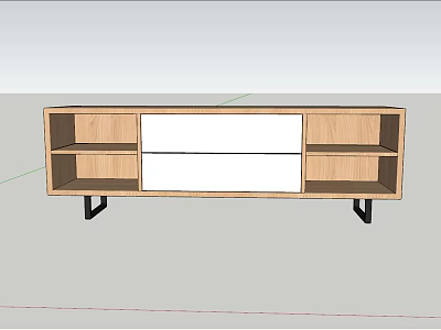 Modern Wooden TV Stand With Drawers Open Shelves And Black Metal Legs 3d model