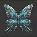 Detailed Blue Mechanical Butterfly with Metallic Parts Glowing Accents Intricate Structure and Dark Background Reflection