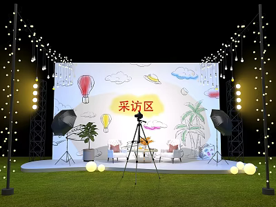 Interview Area Setup On Grass Floor With Hand Painted Backdrop String Lights And Camera Tripod 3d model