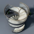 Modern Spiral Staircase Design With Silver Metal Frame Transparent Glass Railings And Potted Plants