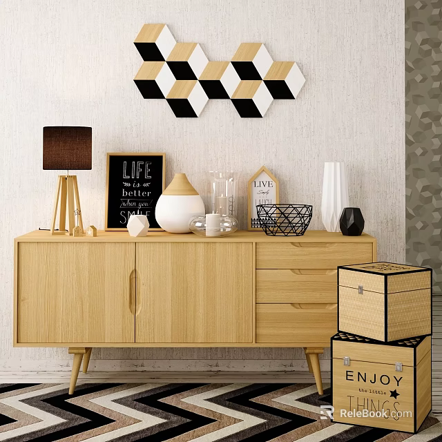 Modern Light Wood TV Stand with Table Lamp Chalkboard Sign Vase and Geometric Wall Art 3d model 