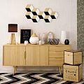 Modern Light Wood TV Stand with Table Lamp Chalkboard Sign Vase and Geometric Wall Art