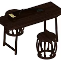 Traditional Dark Brown Wooden Table With Circular Stool Set Classic Design 3d model
