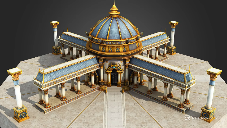 Ancient Architecture Featuring Blue Gold Dome Ornate Columns And Symmetrical Design 3d model 